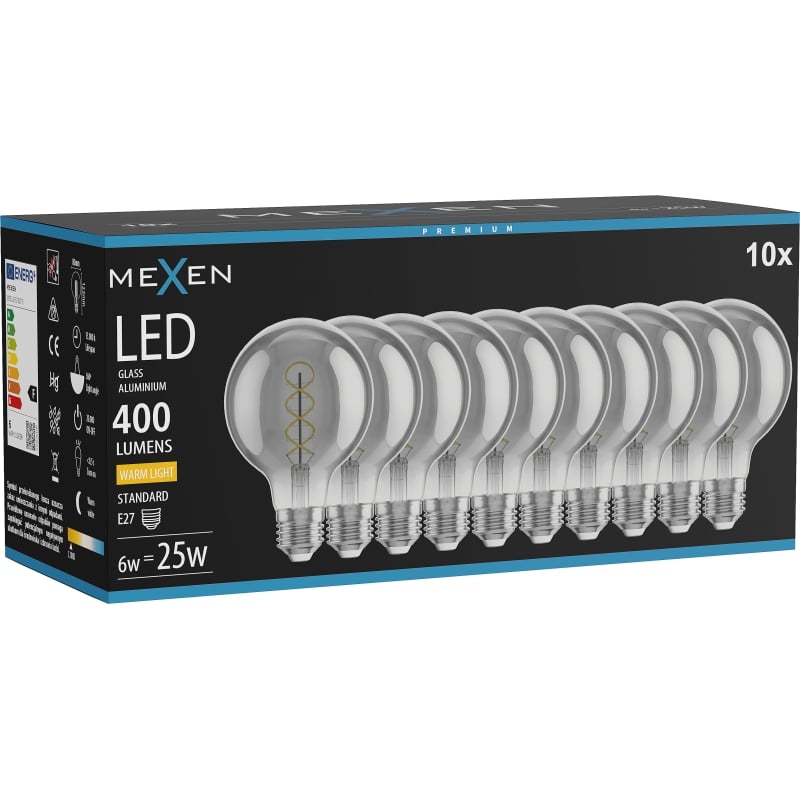 Mexen Vintis 10x žiarovka filament špirála LED E27, G80, 6W, Teplá - 2700K, 400 lm, dymová - L165-E27-0627-70x10