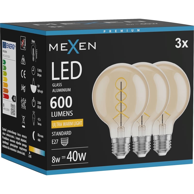Mexen Vintis 3x Žiarovka filament špirála LED E27, G80, 8W, Teplá - 2200K, 600 lm, jantár - L165-E27-0822-50x03
