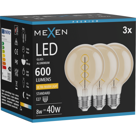 Mexen Vintis 3x Žiarovka filament špirála LED E27, G80, 8W, Teplá - 2200K, 600 lm, jantár - L165-E27-0822-50x03