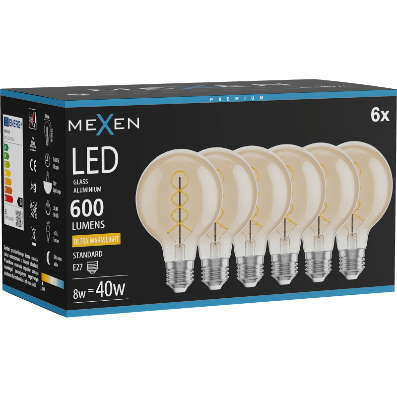 Mexen Vintis 6x žiarovka filament špirála LED E27, G80, 8W, Teplá - 2200K, 600 lm, amber - L165-E27-0822-50x06