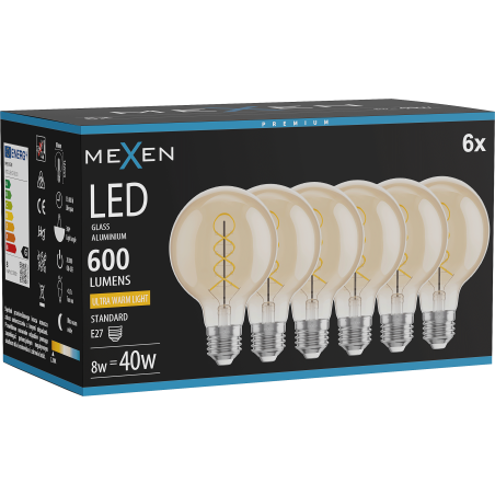 Mexen Vintis 6x žiarovka filament špirála LED E27, G80, 8W, Teplá - 2200K, 600 lm, amber - L165-E27-0822-50x06