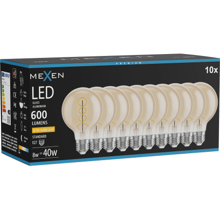 Mexen Vintis 10x žiarovka filament špirála LED E27, G80, 8W, Teplá - 2200K, 600 lm, jantárová - L165-E27-0822-50x10