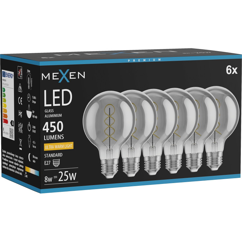 Mexen Vintis 6x Žiarovka filament špirála LED E27, G80, 8W, Teplá - 2200K, 450 lm, dymová - L165-E27-0822-70x06