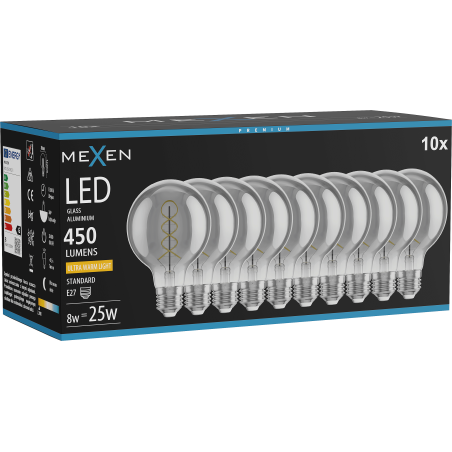 Mexen Vintis 10x žiarovka s vláknom špirála LED E27, G80, 8W, Teplá - 2200K, 450 lm, dymová - L165-E27-0822-70x10