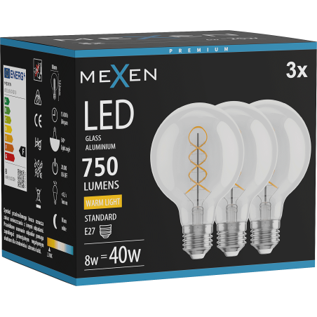 Mexen Vintis 3x LED žiarovka filament špirála E27, G80, 8W, Teplá - 2700K, 750 lm, číra - L165-E27-0827-00x03