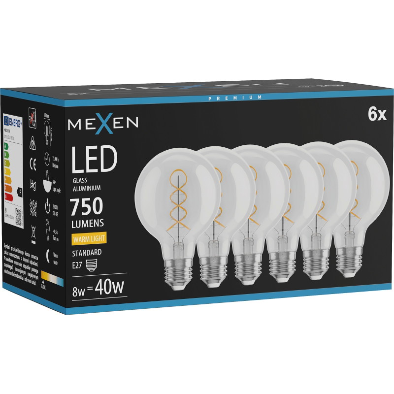 Mexen Vintis 6x LED vláknová žiarovka špirála E27, G80, 8W, Teplá - 2700K, 750 lm, číra - L165-E27-0827-00x06