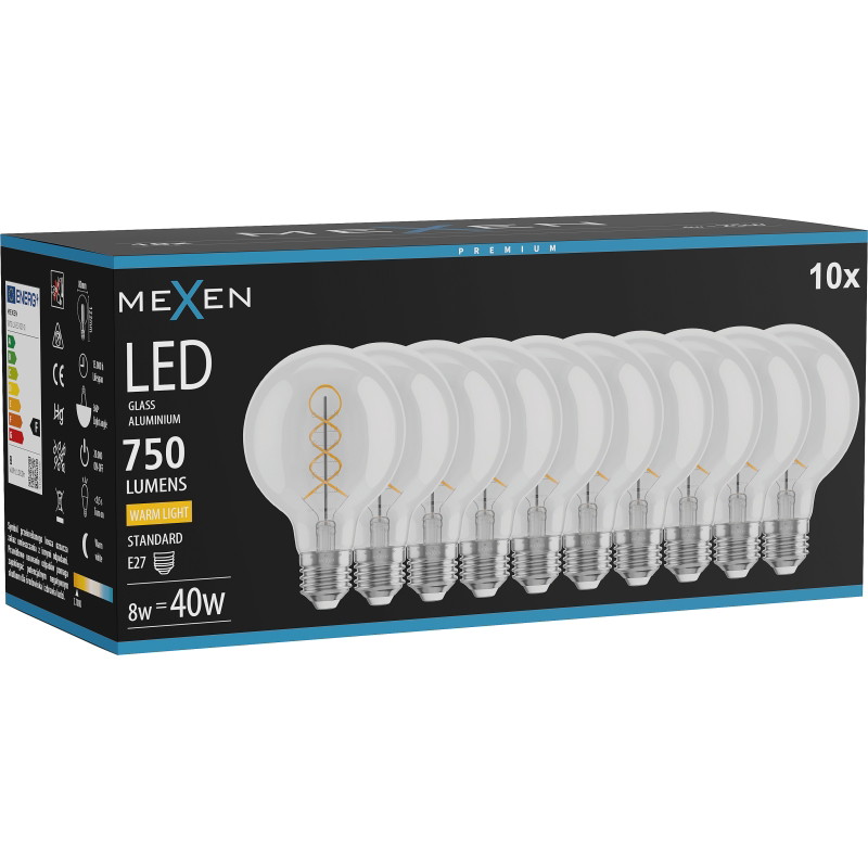 Mexen Vintis 10x filamentá žiarovka špirála LED E27, G80, 8W, Teplá - 2700K, 750 lm, priehľadná - L165-E27-0827-00x10