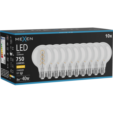 Mexen Vintis 10x filamentá žiarovka špirála LED E27, G80, 8W, Teplá - 2700K, 750 lm, priehľadná - L165-E27-0827-00x10