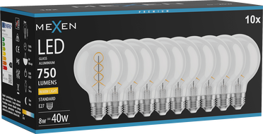 Mexen Vintis 10x filamentá žiarovka špirála LED E27, G80, 8W, Teplá - 2700K, 750 lm, priehľadná - L165-E27-0827-00x10