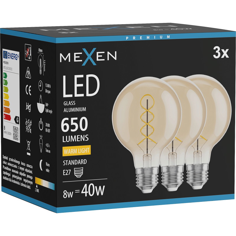 Mexen Vintis 3x Žiarovka filament špirála LED E27, G80, 8W, Teplá - 2700K, 650 lm, amber - L165-E27-0827-50x03