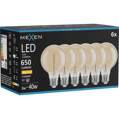 Mexen Vintis 6x Žiarovka filament špirála LED E27, G80, 8W, Teplá - 2700K, 650 lm, jantárová - L165-E27-0827-50x06