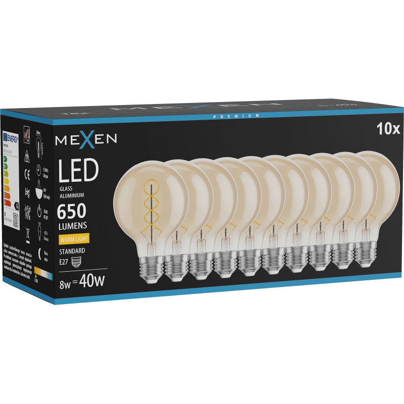 Mexen Vintis 10x žiarovka filament špirála LED E27, G80, 8W, Teplá - 2700K, 650 lm, jantár - L165-E27-0827-50x10