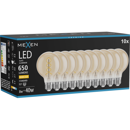 Mexen Vintis 10x žiarovka filament špirála LED E27, G80, 8W, Teplá - 2700K, 650 lm, jantár - L165-E27-0827-50x10