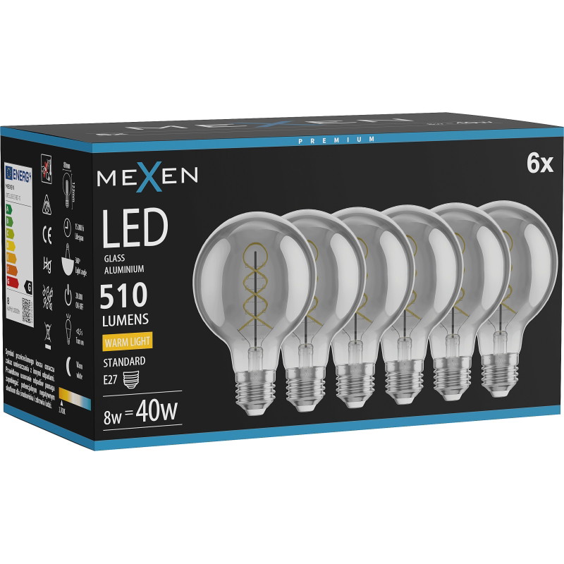 Mexen Vintis 6x žiarovka filament špirála LED E27, G80, 8W, Teplá - 2700K, 510 lm, dymová - L165-E27-0827-70x06