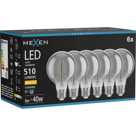 Mexen Vintis 6x žiarovka filament špirála LED E27, G80, 8W, Teplá - 2700K, 510 lm, dymová - L165-E27-0827-70x06
