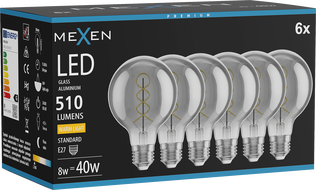 Mexen Vintis 6x žiarovka filament špirála LED E27, G80, 8W, Teplá - 2700K, 510 lm, dymová - L165-E27-0827-70x06