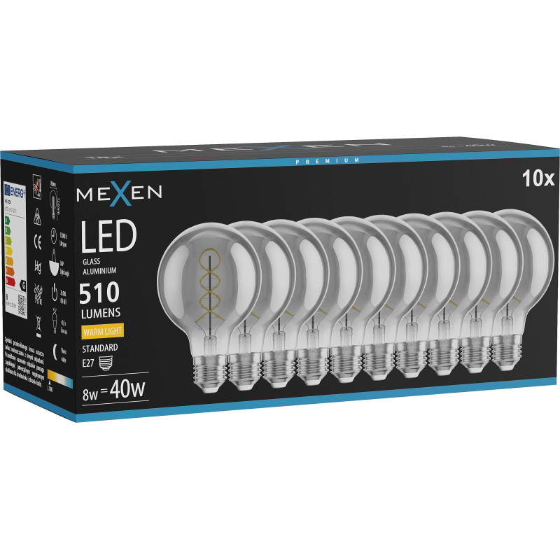 Mexen Vintis 10x Žiarovka filament špirála LED E27, G80, 8W, Teplá - 2700K, 510 lm, smoke - L165-E27-0827-70x10