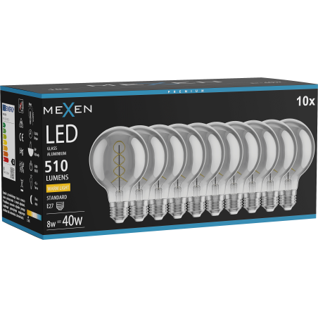 Mexen Vintis 10x Žiarovka filament špirála LED E27, G80, 8W, Teplá - 2700K, 510 lm, smoke - L165-E27-0827-70x10