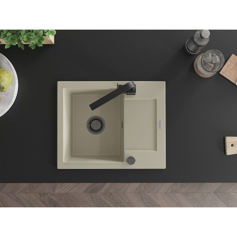 Mexen Enzo žulový kuchynský drez s 1 komorou, odkvapkávacou plochou a kuchynskou batériou Rita, béžový - 6506-69-670300-70