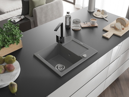 Mexen Enzo granitový kuchynský drez 1-komorový s odkvapkávačom a kuchynskou batériou Rita, sivý - 6506-71-670300-70