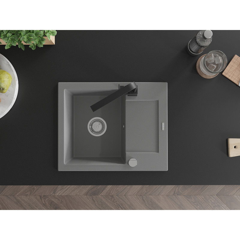 Mexen Enzo granitový kuchynský drez 1-komorový s odkvapkávačom a kuchynskou batériou Rita, sivý - 6506-71-670300-70