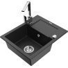 Mexen Enzo granitový kuchynský drez s 1 komorou s odkvapkávacou plochou a kuchynskou batériou Rita, čierny/strieborný
