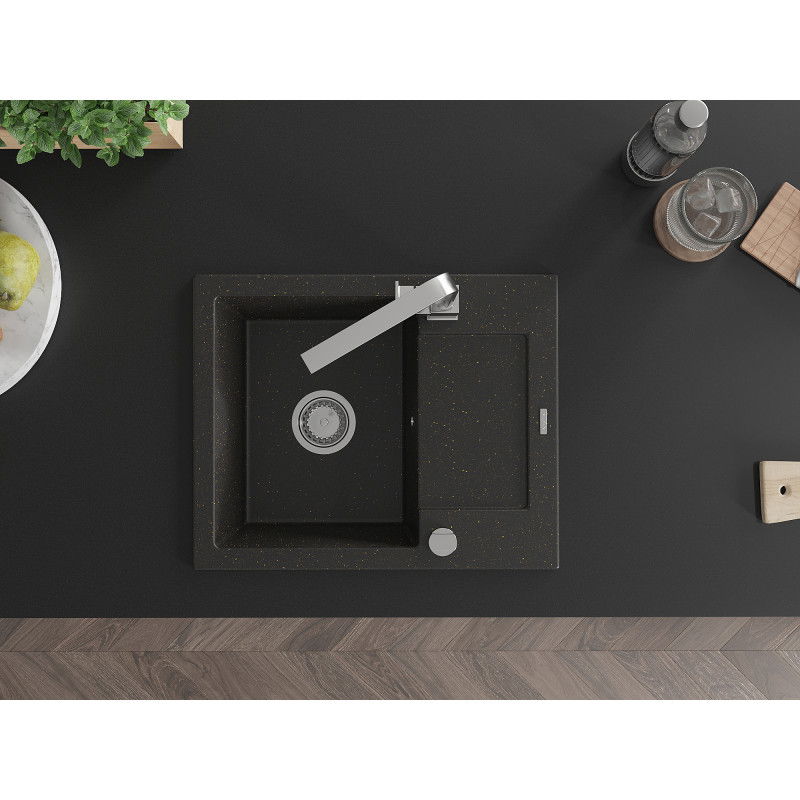 Mexen Enzo žulový kuchynský drez s 1 komorou, odkvapom a kuchynskou batériou Rita, čierny/zlatý metalik - 6506-75-670300-00