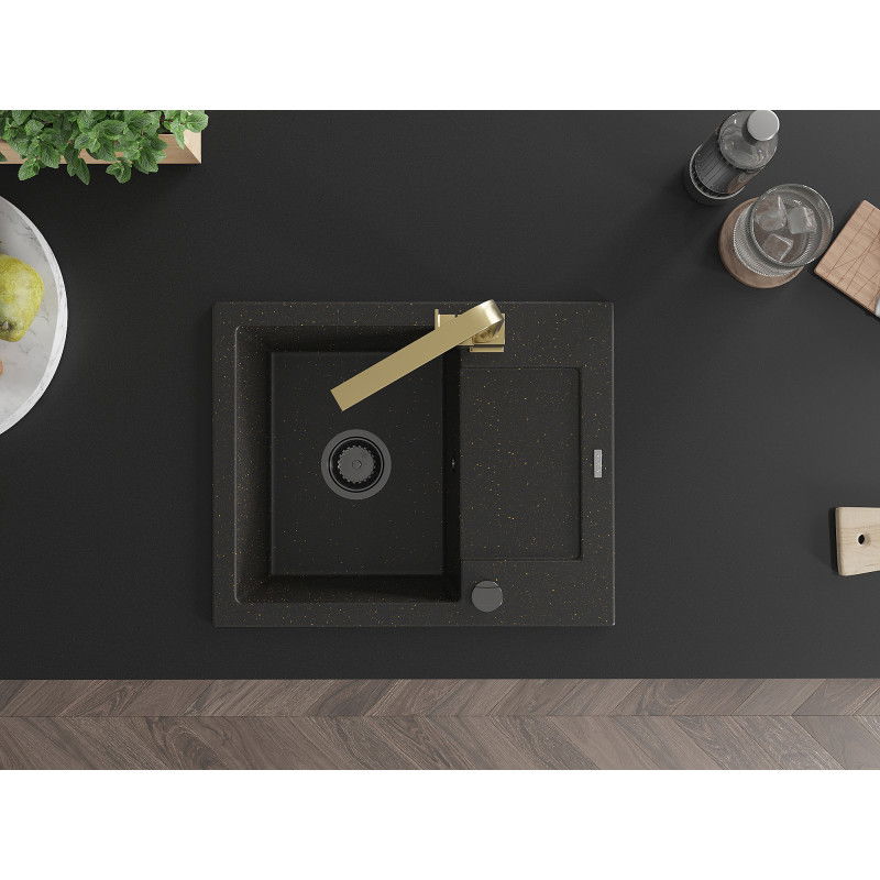 Mexen Enzo granitový drez 1-komorový s odkvapkávačom a kuchynskou batériou Rita, čierny/zlatý metalik - 6506-75-670300-50-B