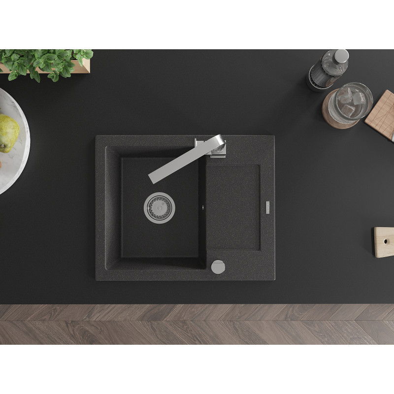 Mexen Enzo granitový drez 1-komorový s odkvapkávačom a kuchynskou batériou Rita, čierny bodkovaný - 6506-76-670300-00
