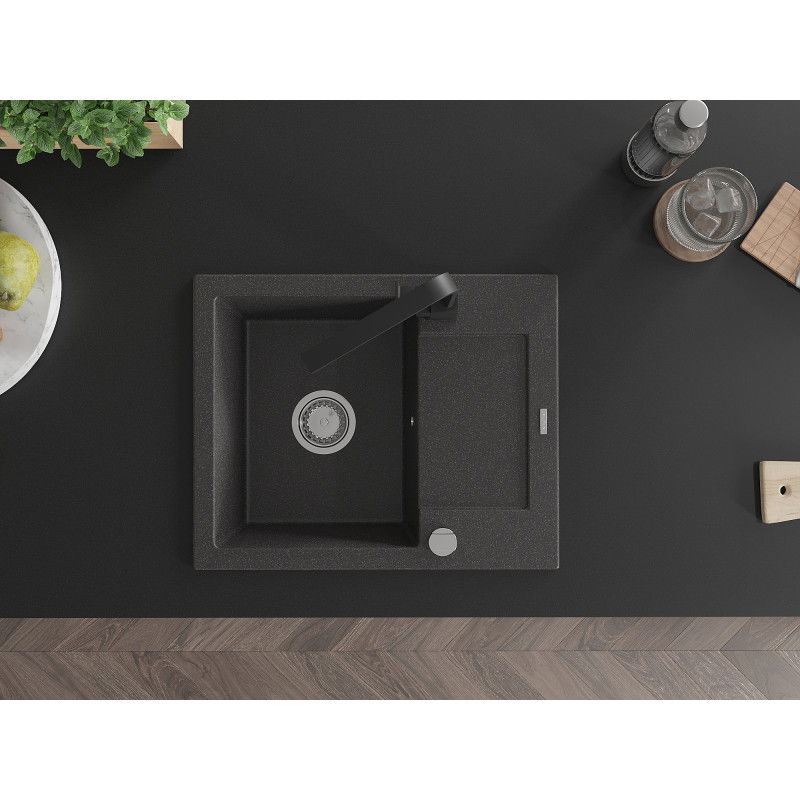 Mexen Enzo granitový kuchynský drez 1-komorový s odkvapkávačom a kuchynskou batériou Rita, čierny s bodkami - 6506-76-670300-70