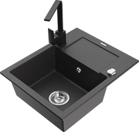 Mexen Enzo granitový kuchynský drez 1-komorový s odkvapkávačom a kuchynskou batériou Rita, čierny s bodkami - 6506-76-670300-70