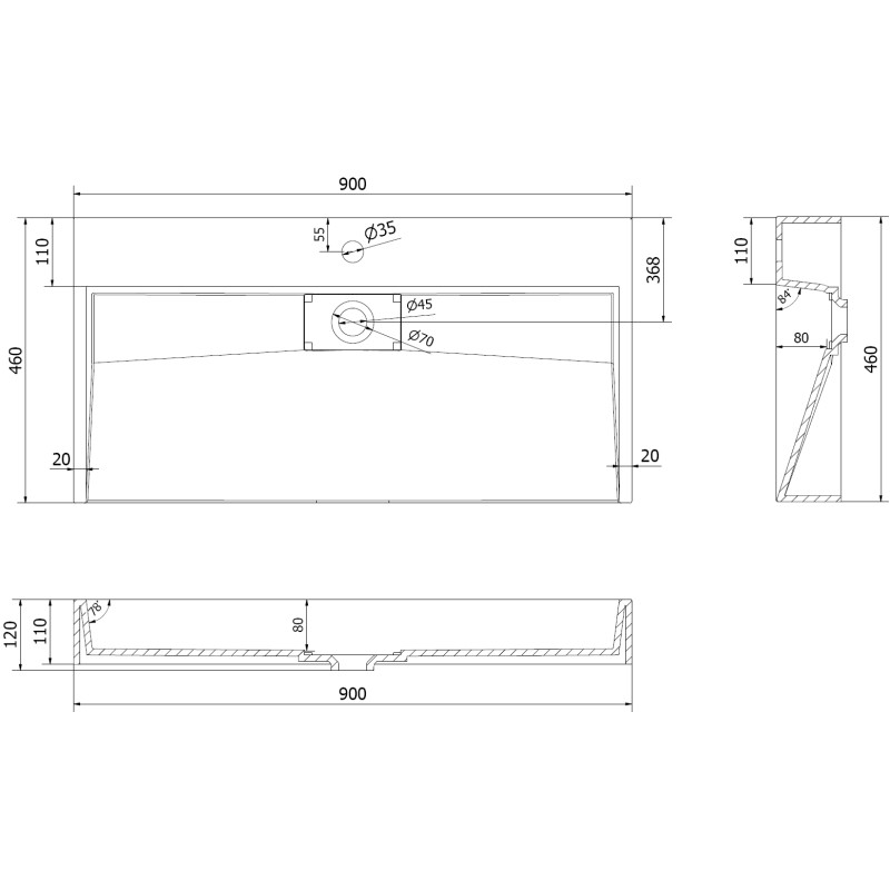 Mexen Ava doskový umývadlo z konglomerátu B/O 90 x 46 cm, čierne - 23019070