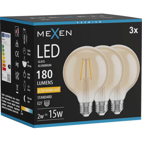 Mexen Vintis 3x Žiarovka filament LED E27, G95, 2W, Teplá - 2200K, 180 lm, jantárová - L157-E27-0222-50x03