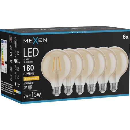 Mexen Vintis 6x Žiarovka filament LED E27, G95, 2W, Teplá - 2200K, 180 lm, jantárová - L157-E27-0222-50x06