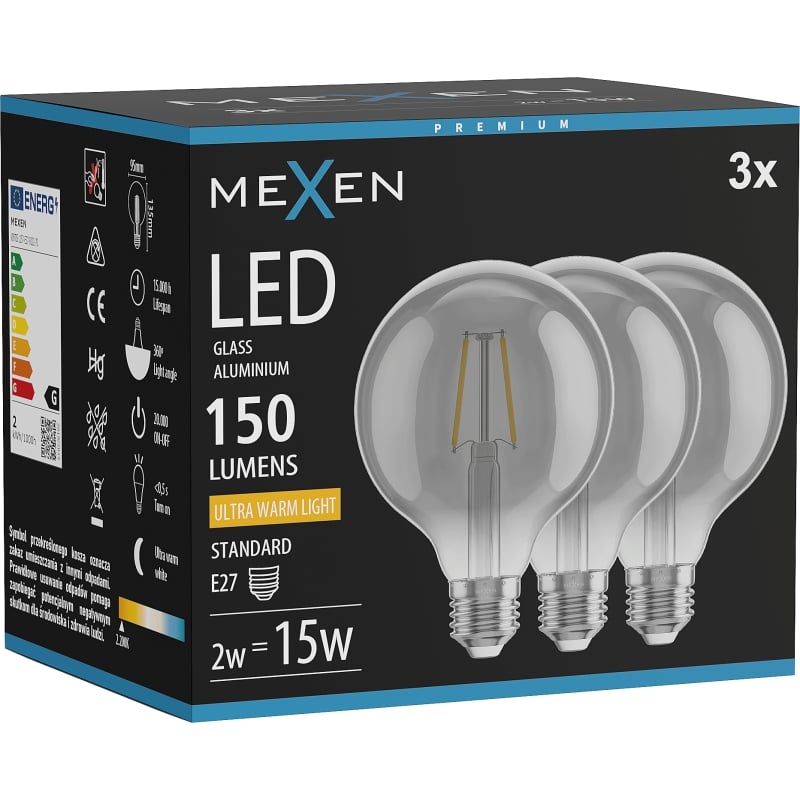 Mexen Vintis 3x Žiarovka filament LED E27, G95, 2W, Teplá - 2200K, 150 lm, dymová - L157-E27-0222-70x03