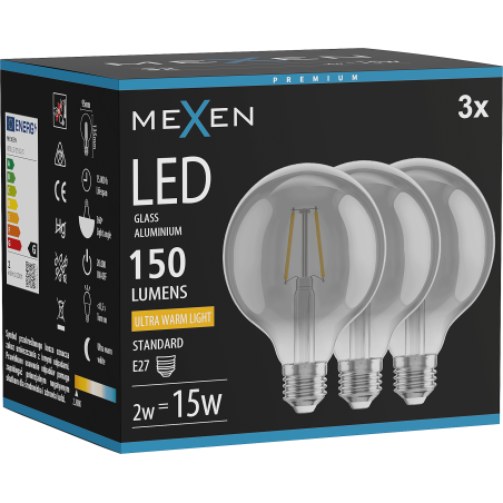 Mexen Vintis 3x Žiarovka filament LED E27, G95, 2W, Teplá - 2200K, 150 lm, dymová - L157-E27-0222-70x03