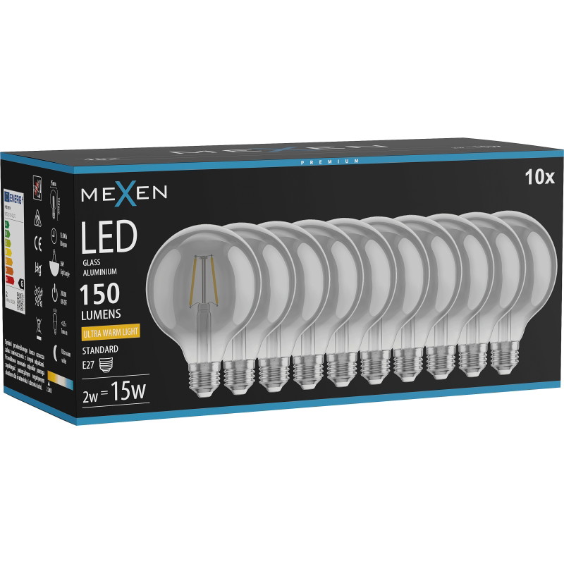Mexen Vintis 10x Žiarovka filament LED E27, G95, 2W, Teplá - 2200K, 150 lm, dymová - L157-E27-0222-70x10
