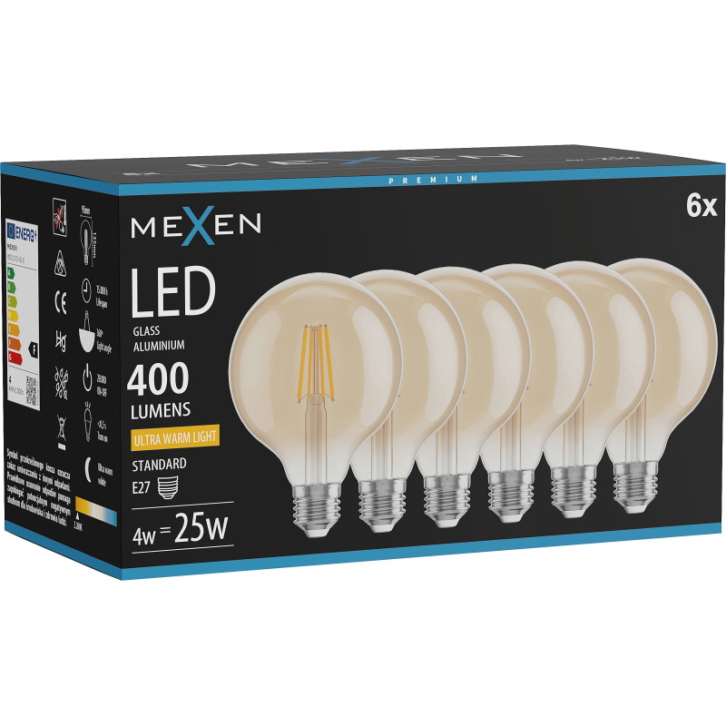 Mexen Vintis 6x LED vláknová žiarovka E27, G95, 4W, Teplá - 2200K, 400 lm, jantárová - L157-E27-0422-50x06