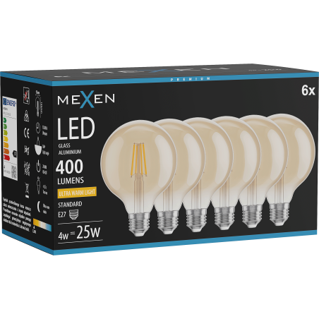 Mexen Vintis 6x LED vláknová žiarovka E27, G95, 4W, Teplá - 2200K, 400 lm, jantárová - L157-E27-0422-50x06
