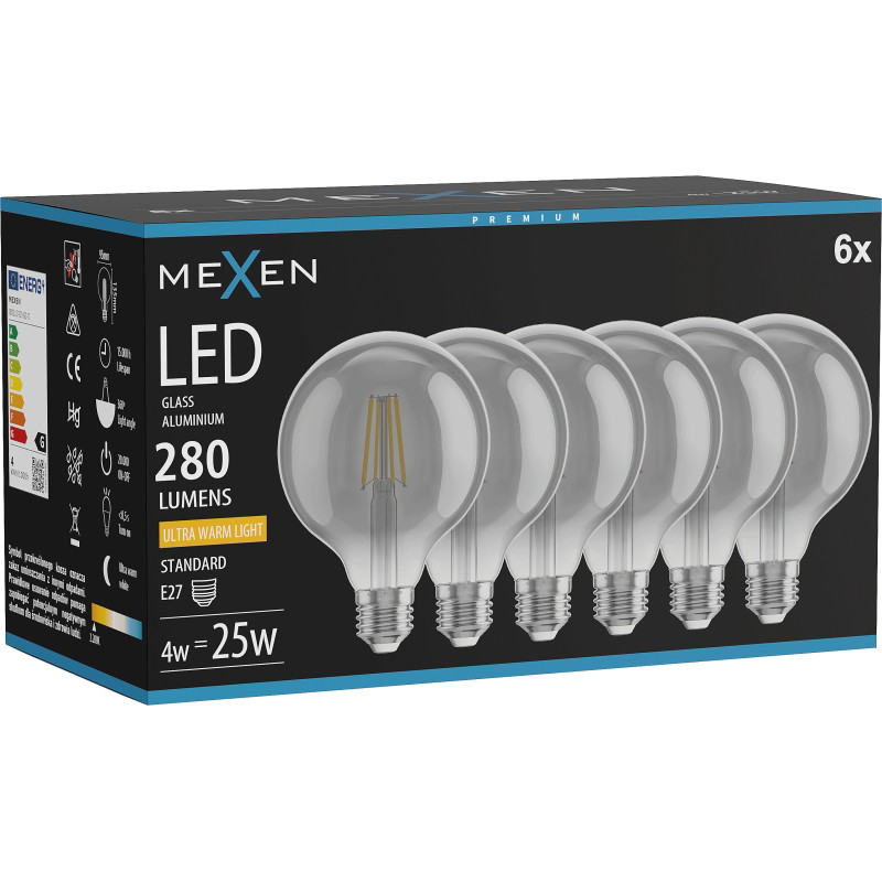 Mexen Vintis 6x LED žiarovka filament E27, G95, 4W, Teplá - 2200K, 280 lm, dymová - L157-E27-0422-70x06