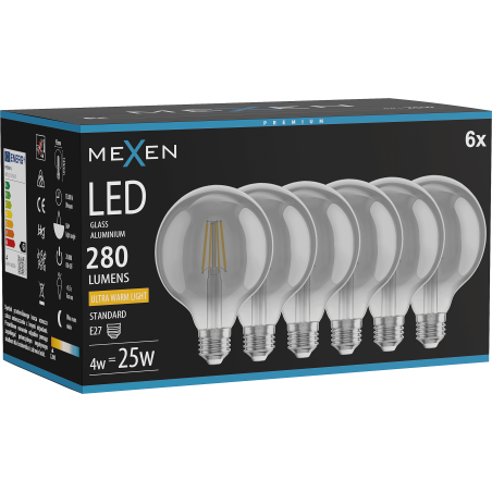 Mexen Vintis 6x LED žiarovka filament E27, G95, 4W, Teplá - 2200K, 280 lm, dymová - L157-E27-0422-70x06