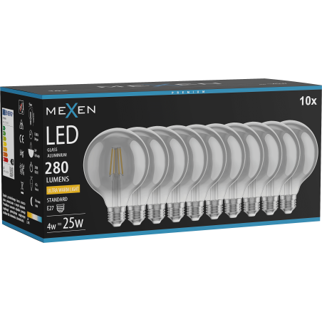 Mexen Vintis 10x žiarovka filament LED E27, G95, 4W, Teplá - 2200K, 280 lm, dymová - L157-E27-0422-70x10