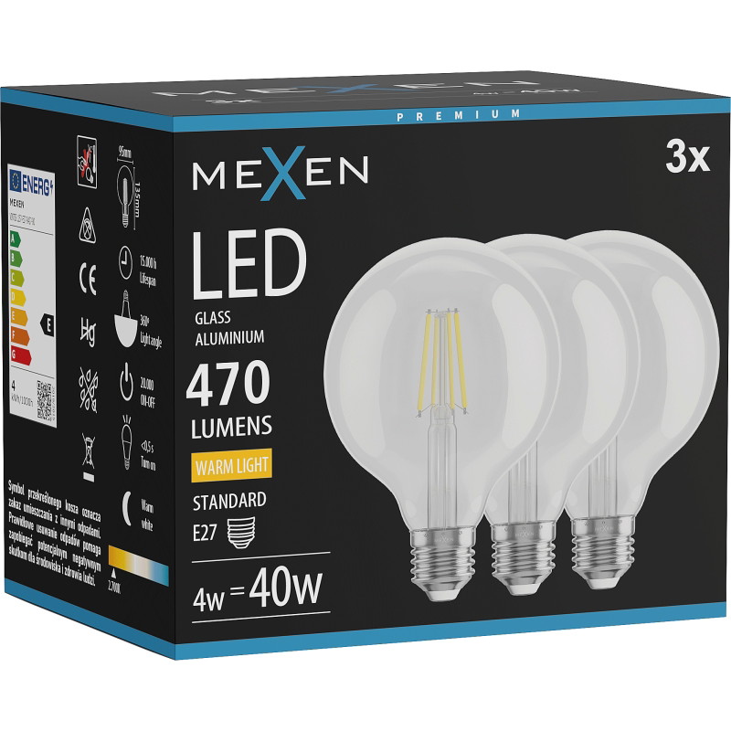 Mexen Vintis 3x Žiarovka filament LED E27, G95, 4W, Teplá - 2700K, 470 lm, číra - L157-E27-0427-00x03