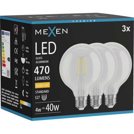 Mexen Vintis 3x Žiarovka filament LED E27, G95, 4W, Teplá - 2700K, 470 lm, číra - L157-E27-0427-00x03