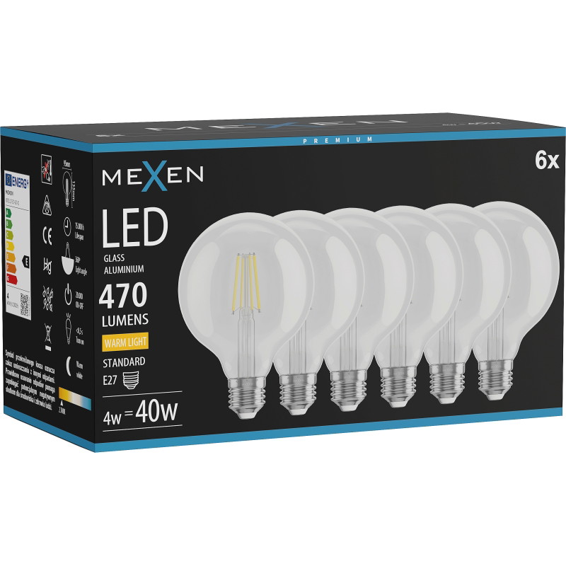Mexen Vintis 6x Žiarovka filament LED E27, G95, 4W, Teplá - 2700K, 470 lm, číra - L157-E27-0427-00x06