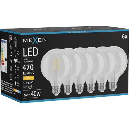 Mexen Vintis 6x Žiarovka filament LED E27, G95, 4W, Teplá - 2700K, 470 lm, číra - L157-E27-0427-00x06