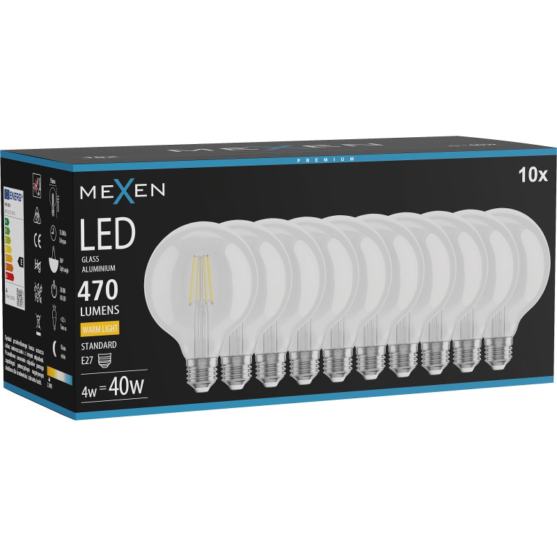 Mexen Vintis 10x LED žiarovka filament E27, G95, 4W, Teplá - 2700K, 470 lm, číra - L157-E27-0427-00x10
