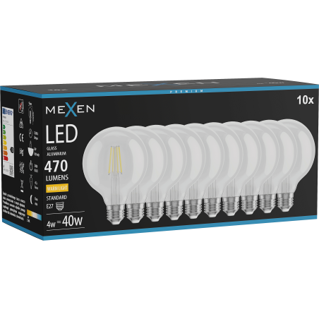 Mexen Vintis 10x LED žiarovka filament E27, G95, 4W, Teplá - 2700K, 470 lm, číra - L157-E27-0427-00x10