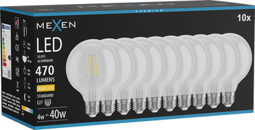 Mexen Vintis 10x LED žiarovka filament E27, G95, 4W, Teplá - 2700K, 470 lm, číra - L157-E27-0427-00x10
