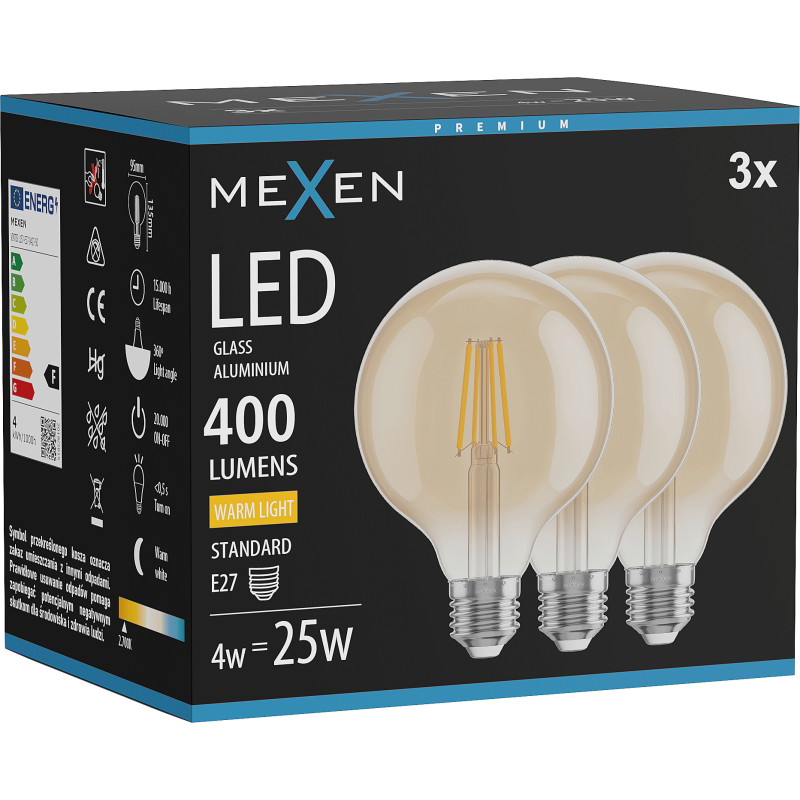 Mexen Vintis 3x LED filamentová žiarovka E27, G95, 4W, Teplá - 2700K, 400 lm, jantárová - L157-E27-0427-50x03